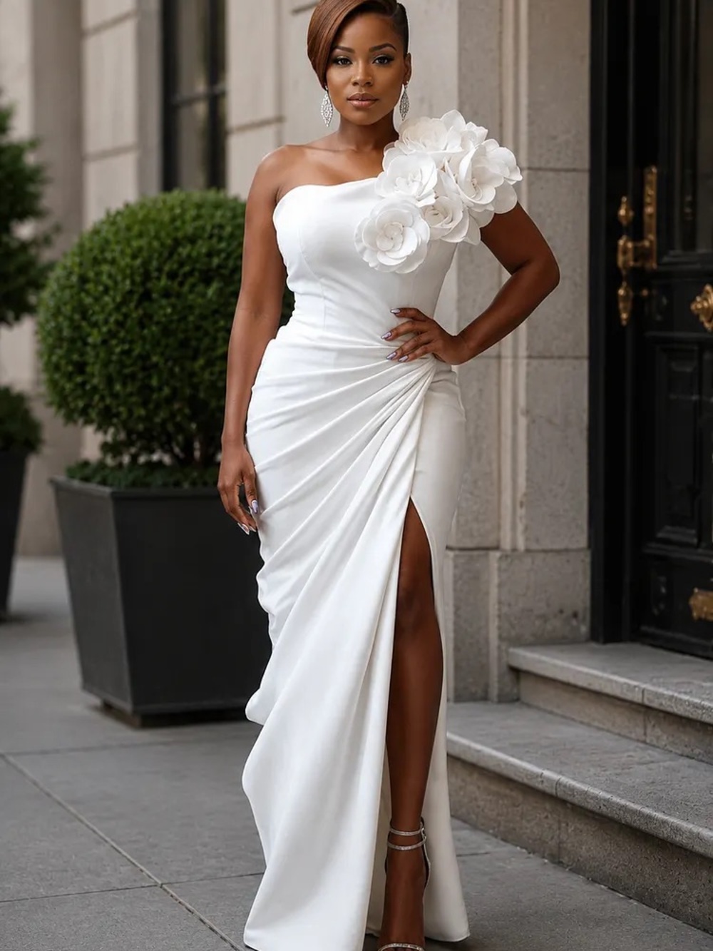 Elegant One-Shoulder White Evening Gown with Floral Detail